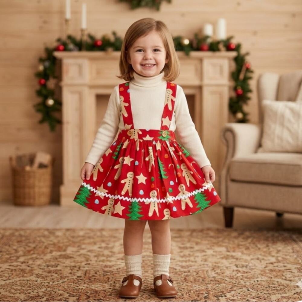 Eleanor Rose Gingerbread Man Pinafore Skirt Dress Christmas Overalls Girls 3/4